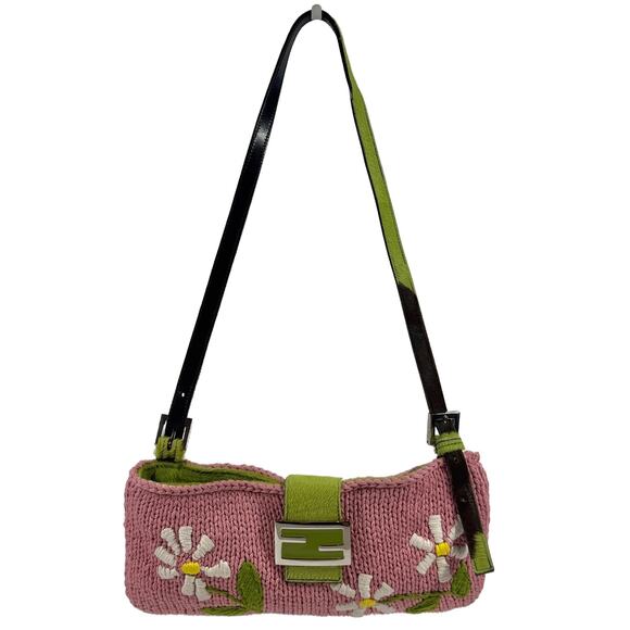 Fendi Vintage Pink Knit Floral Green Cow Print Pony Hair Trim Baguette Bag - Picture 1 of 7